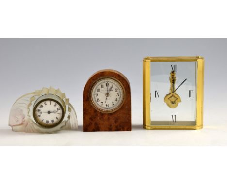 Athena Swiza brass and glass mantel clock 14cm high, glass mantel timepiece and a quartz clock, (3).    