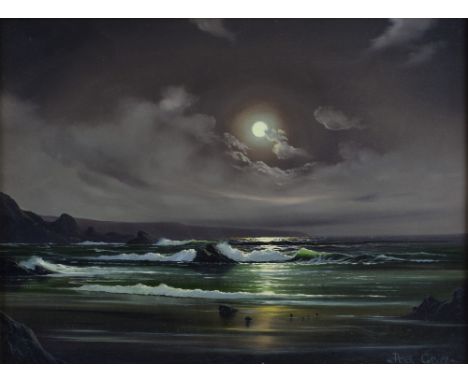 § Peter Cosslett (b.1927) Moonlit seascape signed oil on board 29cm x 40cm .    