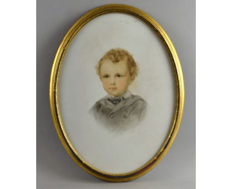 Victorian school, c. 1860, portrait of a young boy, oval, watercolour and pencil on milk glass, framed and glazed, picture si