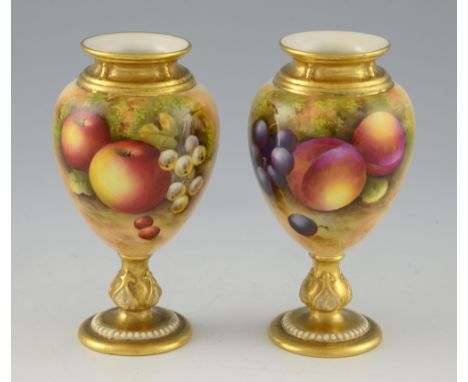 Royal Worcester pair ovoid pedestal vases painted with apples and berries signed Edward Townsend, pattern no. 2260 14cm (Date