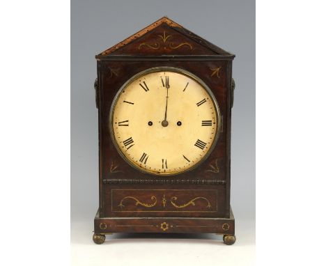 19th century rosewood and brass inlaid bracket clock with  twin fusee movement, on ball feet 44cm high .    