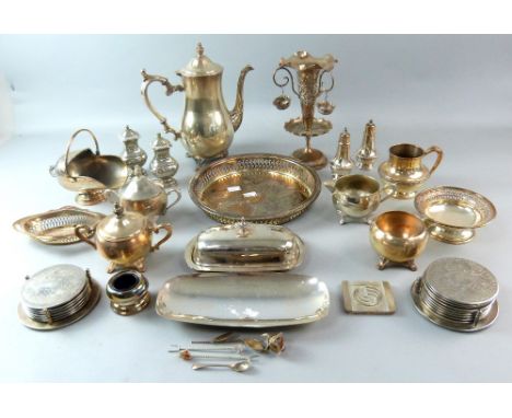 Collection of silver plated wares, to include a tray, tea service, entree dish and cover, coasters and other items,.    