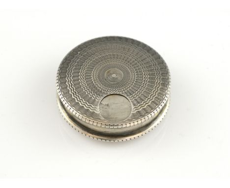 George V silver pill box, circular with engine-turned decoration to cover, by AJ Bailey, Birmingham1928, 4.3 cm diam., 20 g..