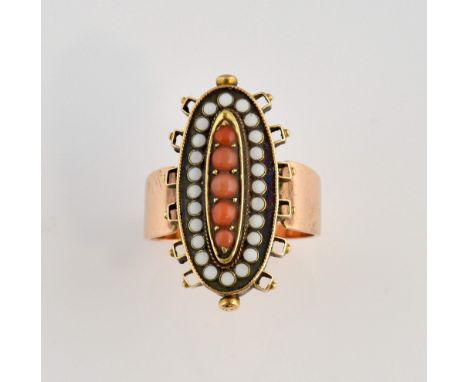 Victorian Etruscan style plaque ring with coral beads and white enamel beading, size L, in rose coloured metal testing as 9 c