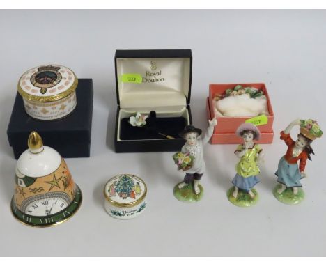 A Bilston & Battersea enamel trinket box, three Rudolstadt porcelain figures & other items