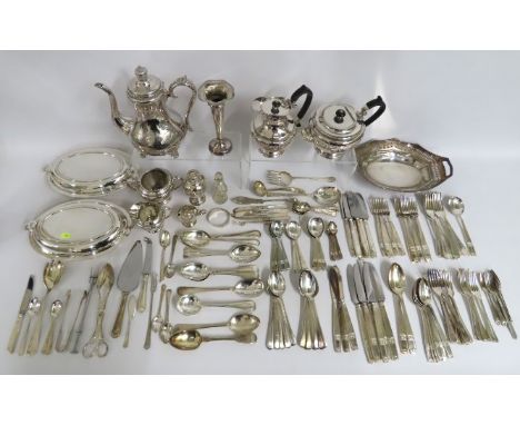 A four piece silver plated tea & coffee set, a large quantity of plated cutlery, two silver plated tureens & covers, a silver