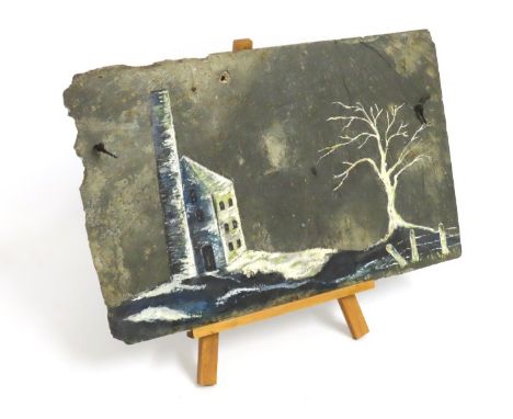 A Cornish folk art slate painting depicting engine house on high moorland or coast, 487mm x 305mm, excludes stand