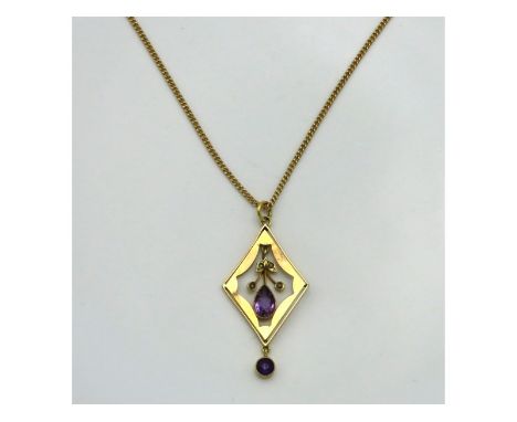 A 9ct gold chain & amethyst set pendant, chain 460mm long, pendant 40mm drop, 4.5g
