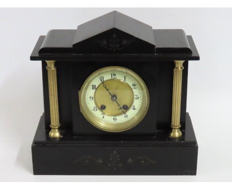 A late Victorian slate mantle clock, 298mm wide x 273mm high x 132mm deep