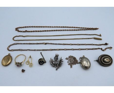 A quantity of silver & gold plated items including a Scottish thistle & a yellow metal ring (not gold) set with small ruby & 