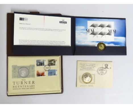 An Albert Schweitzer 1975 first day silver proof coin cover, twinned with a Turner silver proof coin cover & a £5 crown cover