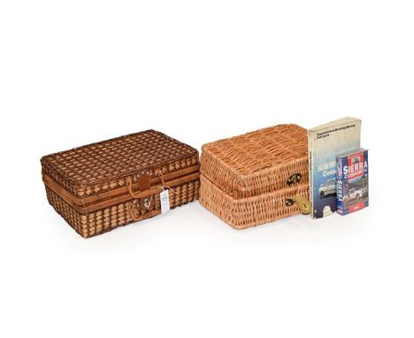 A Wicker Bottle Carrier, with brown leather carrying straps, the interior fitted for two bottles and wine glasses (empty); A 