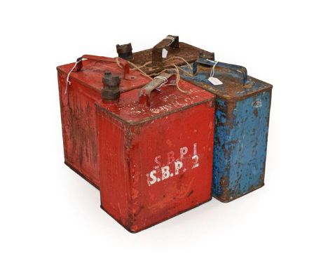 Four 2 Gallon Fuel Cans, comprising red painted BP (x2), Pratts, and blue painted Esso, each 32cm high