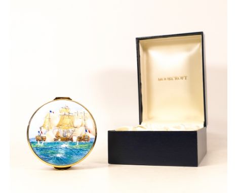 Moorcroft enamel Broadside round lidded box by Peter Graves , Limited edition 16/25. Boxed with certificate. Diameter 7cm 