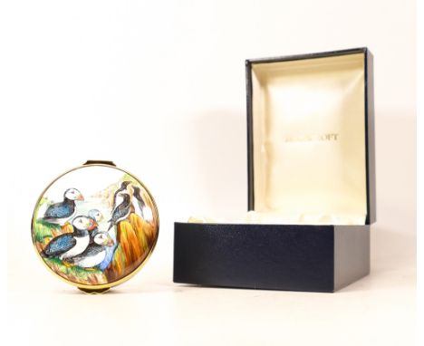 Moorcroft enamel Puffins round lidded box by R Douglas Ryder , Limited edition 68/75. Boxed with certificate. Diameter 7cm 