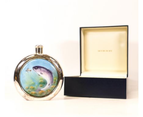 Moorcroft enamel and silver Salmon hip flask by Terry Halloran , Limited edition 50/50. Boxed with certificate. Height 10.5cm