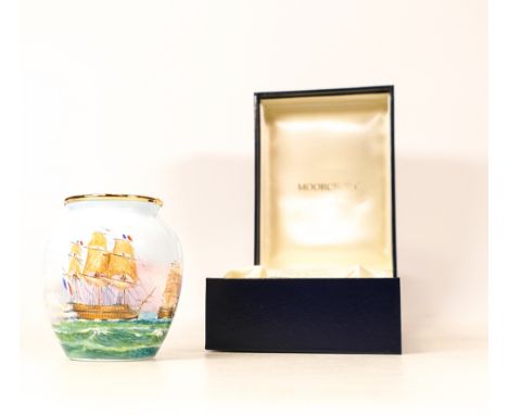 Moorcroft enamel Battle of Trafalgar vase by Peter Graves , Limited edition 8/15. Boxed with certificate. Height 7.5cm 