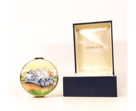 Moorcroft enamel Rolls Royce Silver Ghost round lidded box by Peter Graves . Boxed , Diameter 7.5cm 