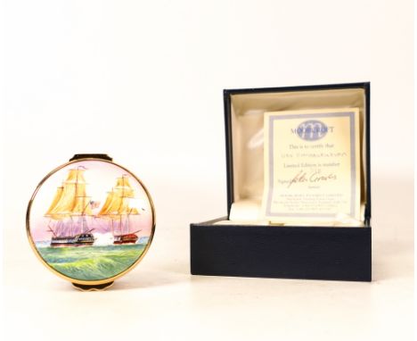 Moorcroft enamel USS Constitution round lidded box by Peter Graves , Limited edition 1/15. Boxed with certificate. Diameter 5