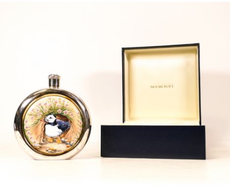 Moorcroft enamel and silver Puffins hip flask by Peter Graves , Limited edition1/1. Boxed, height 10.5cm 