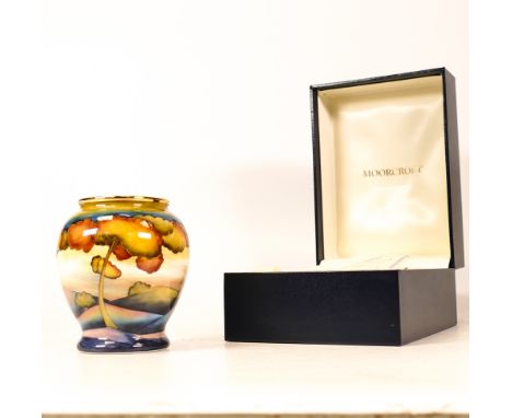 Moorcroft enamel Hazeldene Sunset vase by Amanda Rose , Limited edition 23/250. Boxed with certificate.  Height 7.5cm 