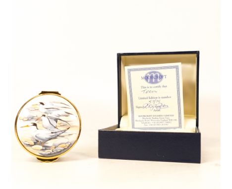 Moorcroft enamel Terns round lidded box by R Douglas Ryder , Limited edition 57/75. Boxed with certificate.  Diameter 5.5cm 