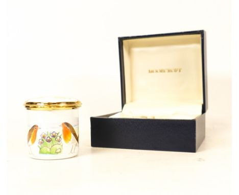 Moorcroft enamel Last snow of winter round lidded box by R Douglas Ryder , Limited edition 19/50. Boxed with certificate. Dia