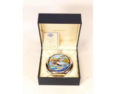 Moorcroft enamel and silver Eider duck hip flask by Amanda Rose , Limited edition 33/75. Boxed with certificate. Height 10.5c