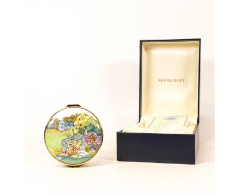 Moorcroft enamel Eve's Garden round lidded box by Faye Williams , Limited edition 62/100. Boxed with certificate. Diameter 7c