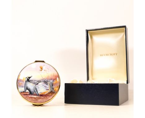 Moorcroft enamel Badgers Moon round lidded box by Peter Graves , Limited edition 41/50. Boxed with certificate. Diameter 7cm 