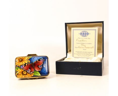 Moorcroft enamel Papillon Butterfly lidded box by Fiona Bakewell , Limited edition 17/100. Boxed with certificate. Length 6cm