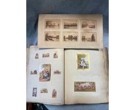 A mid-19th century print scrap book, containing portraits and figures, animals, scenery and popular subjects, many with added