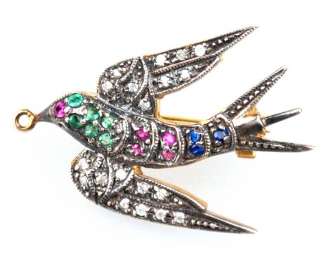 Brosche „ Liebesbote mit goldenen Ring im Schnabel“, 375er GG, Saphire, Smaragde, Rubine und Brillanten 0,10 ct., in Silber g