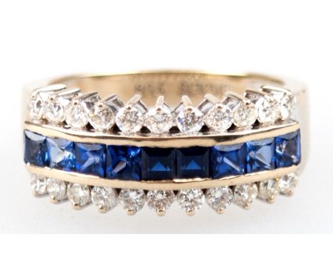 Ring, 750er WG , ges. 5,9 g, in Reihe besetzt mit 9 Saphiren und  zweireihig mit 22 Brillanten von zus. ca. 0,5 ct., RG 56