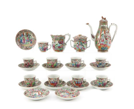23 pieces, cups are 8 cm. in diameter, saucers are 14 cm. in diameter, pot is 25 cm. tall, chip and hairline.