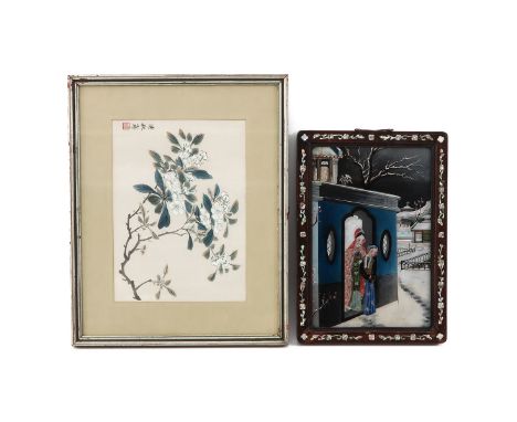 Including reverse painting on glass in mother of pearl frame and  work of art depicting flowers, measuring 38 x 27 cm. and 48