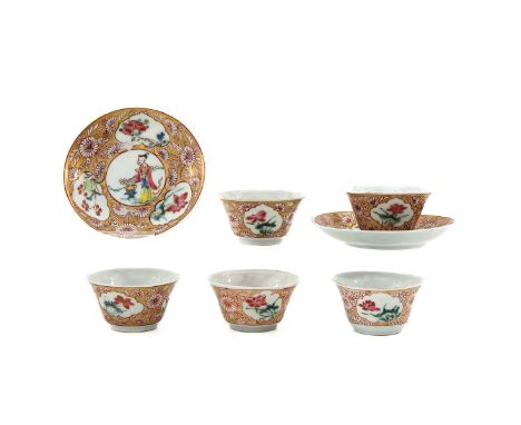 Including 5 cups and 2 saucers, Famille Rose and gilt enamels depicting Chinese lady in garden, saucers are 10 cm. in diamete
