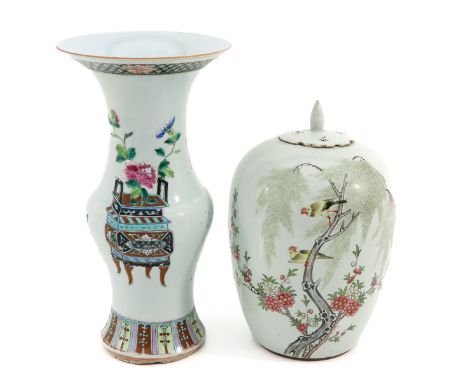 Depictin flowers and birds and censer with Chinese text, vase is 39 cm. tall, chip on rim.