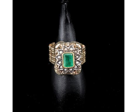 Set with seed pearls and emerald, 5 x 7 mm., ring size 17, bracelet is 19 cm. long.