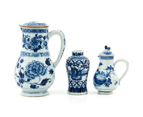 Including creamer, vase, and pitcher with cover, in a variety of blue and white decors, including circa 1800, pitcher with co