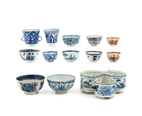 13 pieces, including cups and planter, some 18th Century, largest cup is 13 cm. in diameter, in diverse conditions.