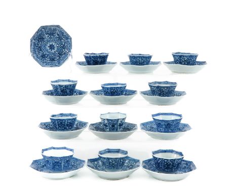 Including 12 cups and 13 saucers, blue and white floral decor, saucers are 10 cm. in diameter, in diverse conditions.