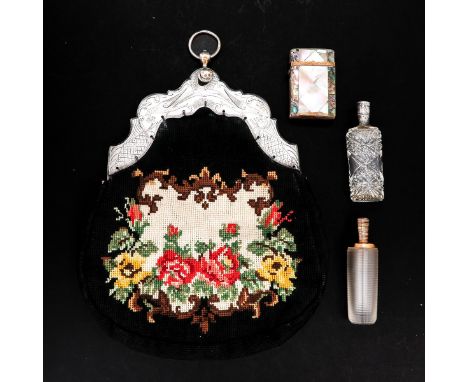 Including purse with 18th Century silver frame 16 cm. wide, card case made of mother of pearl and gold, and two perfume flaco