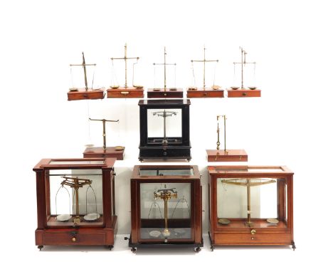 Including Baird &amp; Tatlock LTD, some in glass vitrines, tallest scale is 52 cm.  This lot will not be shipped.