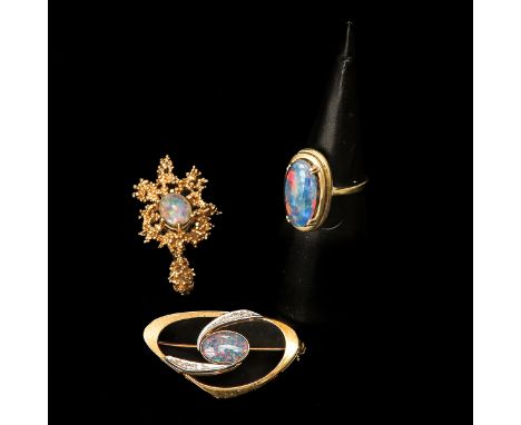 All set with opal, including brooch, pendant, and ladies ring, size 17.5.