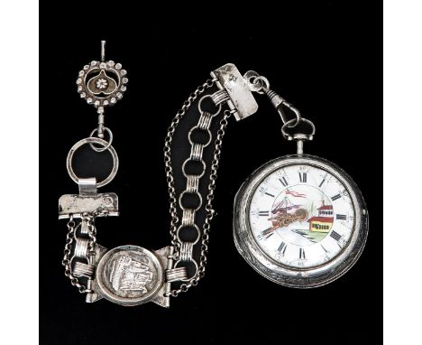 London, with silver watch chain, outside case is 50 mm. in diameter.