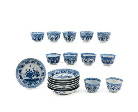 Including 11 cups and 8 saucers in floral decor, depicting flowers in garden, saucers are 15 cm. in diameter, in diverse cond