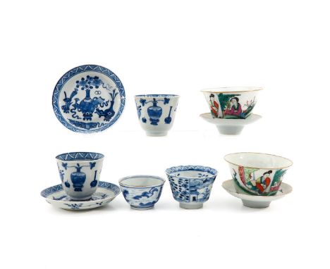 Including 6 cups and 4 saucers, in a variety of decors and sizes, largest saucer is 12 cm. in diameter, chip and hairline.