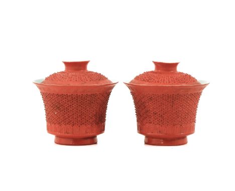 Qianlong mark on cups and covers, 8 cm. tall including covers x 8 cm. in diameter.