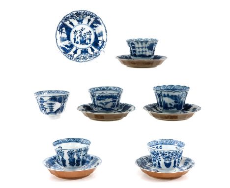 Including 6 cups and saucers, depicting scenes in garden with flowers and landscapes, saucers are 12 cm. in diameter, Kangxi 